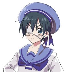  1boy :< axis_powers_hetalia blue_eyes blue_hair blue_sailor_collar blush ciel_phantomhive commentary cosplay ear_piercing english_commentary hair_between_eyes highres himaruya_hidekazu_(style) kuroshitsuji looking_at_viewer piercing pout sailor sailor_collar sealand_(hetalia) sealand_(hetalia)_(cosplay) simple_background solo white_background wormy_owo 