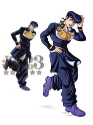 1boy baggy_pants diamond_wa_kudakenai gakuran higashikata_josuke highres jojo_no_kimyou_na_bouken male_focus nipple_zipper pants pompadour reference_inset rimmybone school_uniform shoes solo 