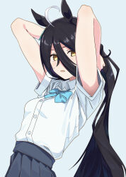 1girl absurdres alternate_costume animal_ears aqua_bow aqua_bowtie arms_behind_head arms_up black_hair black_skirt bow bowtie commentary_request fuse_gomame hair_between_eyes highres horse_ears horse_girl long_hair long_hair_between_eyes looking_at_viewer manhattan_cafe_(umamusume) open_mouth school_uniform shirt shirt_tucked_in skirt solo umamusume white_shirt yellow_eyes 