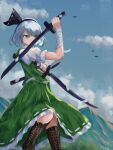 1girl absurdres bandaged_arm bandages bird black_hairband brown_footwear closed_mouth clouds commentary green_eyes green_skirt green_vest grey_hair hairband highres holding holding_sword holding_weapon konpaku_youmu looking_at_viewer multiple_swords ourie outdoors shirt short_hair short_sleeves signature skirt sky solo sword touhou vest weapon white_shirt 