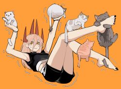  1girl absurdres arms_up barefoot black_choker black_nails black_shorts black_tank_top blonde_hair blush_stickers bracelet cat chainsaw_man choker cross-shaped_pupils demon_girl demon_horns dolphin_shorts earrings full_body hair_between_eyes highres horns jewelry legs_up long_hair long_hair_between_eyes looking_at_viewer lying multiple_bracelets on_back power_(chainsaw_man) red_horns ringed_eyes sailen0 shorts solo stud_earrings symbol-shaped_pupils tank_top trembling workout_clothes 