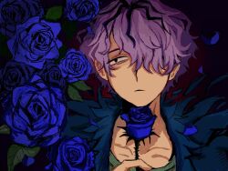  1boy black_coat black_eyes blue_flower blue_petals blue_rose closed_mouth coat dummamay english_commentary flower garry_(ib) green_shirt hair_over_one_eye highres ib_(kouri) leaf looking_to_the_side male_focus multicolored_hair open_clothes open_coat petals purple_hair rose shirt short_hair slit_pupils solo streaked_hair upper_body 