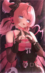  1girl absurdres aria_(discordant_note)_(zenless_zone_zero) aria_(zenless_zone_zero) bare_shoulders black_bridal_gauntlets black_choker black_dress black_hair black_streaks blue_eyes blush bridal_gauntlets choker collarbone commentary_request dress heart heart_hands highres looking_at_viewer multicolored_hair official_alternate_costume open_mouth pink_hair quad_tails skull_ornament solo star-shaped_pupils star_(symbol) streaked_hair symbol-shaped_pupils upper_body yunarina zenless_zone_zero 