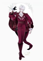  1boy absurdres b_etty01tm black_gloves boots cape flower gloves gold_trim hana_himeru_kimi_no_meteor high_heel_boots high_heels highres lavi_van_valentin looking_at_viewer male_focus official_art pants puff_and_slash_sleeves puffy_sleeves red_cape red_flower red_hair red_pants red_rose rose shirt simple_background tassel vampire white_background white_hair white_shirt 