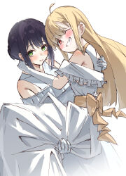  2girls blush carrying cho_kaguya-hime! commentary_request coneco2004 dress elbow_gloves gloves green_eyes grin hand_on_another's_back hand_on_another's_neck highres kaguya_(cho_kaguya-hime!) looking_at_viewer multiple_girls one_eye_closed parted_lips princess_carry purple_hair sakayori_iroha simple_background smile wedding_dress white_background white_dress white_gloves wife_and_wife yuri 