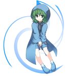  1other androgynous anmita_(rarutos) blue_coat blue_footwear blue_shorts closed_mouth coat commentary_request full_body green_eyes green_hair highres hood hood_up hooded_coat len&#039;en long_sleeves looking_at_viewer medium_hair other_focus shitodo_aoji shorts smile socks solo white_socks 