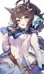  1girl absurdres ahoge animal_ears belt black_hair blush breasts collarbone commentary_request daring_tact_(umamusume) gloves hair_between_eyes hair_ornament highres horse_ears horse_girl horse_tail jacket long_hair looking_at_viewer medium_breasts open_mouth shirano_akihiro simple_background solo star_(symbol) star_hair_ornament tail umamusume watermark white_background 