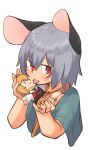  1girl animal_ears blue_capelet blush capelet character_doll commentary_request cropped_torso doll greenpiecerice grey_hair hair_between_eyes holding holding_doll licking looking_at_viewer medium_bangs mouse_ears mouse_girl nazrin open_mouth red_eyes short_hair simple_background solo tongue tongue_out toramaru_shou touhou upper_body white_background 