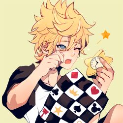  1boy alarm_clock alternate_costume blonde_hair blue_eyes clock english_commentary indoors kingdom_hearts kingdom_hearts_birth_by_sleep knee_up kvover_(applebloom) male_focus morning multicolored_shirt one_eye_closed open_mouth pillow rubbing_eyes shirt short_hair solo spiky_hair star_(symbol) t-shirt tearing_up upper_body ventus_(kingdom_hearts) waking_up white_shirt yawning yellow_background 