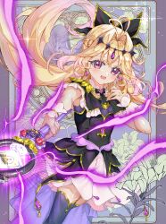  1girl absurdres antenna_hair black_bow black_capelet black_dress blonde_hair bow brooch capelet commentary cure_arcana_shadow dress flower frilled_capelet frilled_cuffs frills gradient_hair hair_bow hair_intakes heart heart_brooch highres holding holding_rod isuzu_(an_icy_cat) jewelry long_hair looking_at_viewer magical_girl meitantei_precure! moria_luluka multicolored_hair open_mouth precure purple_veil purple_wrist_cuffs rod solo staff tear_arcana_rod veil violet_eyes wrist_cuffs 