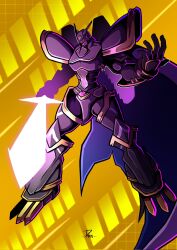 alphamon armor black_armor black_helmet cape commentary danzart_24 digimon digimon_(creature) english_commentary full_body helmet highres holding holding_sword holding_weapon sword weapon yellow_background 
