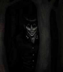  1boy black_hair commentary diamond_wa_kudakenai english_commentary gakuran greyscale grin higashikata_josuke highres horror_(theme) jojo_no_kimyou_na_bouken looking_at_viewer male_focus monochrome pompadour rimmybone sanpaku school_uniform smile solo teeth tree 