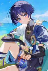 1boy anemo_symbol_(genshin_impact) aqua_gem aqua_kimono aqua_sleeves arm_on_knee armor bird black_bodysuit black_bridal_gauntlets black_shorts blue_cape blue_sky blunt_ends blush bodysuit bridal_gauntlets bright_pupils cape clear_sky clenched_hand commentary_request covered_collarbone crystalfly_(genshin_impact) eyeliner eyeshadow feathers fingernails flower furisode gem genshin_impact giving glint gold_ring grass grin hair_intakes hakama hakama_shorts highres holding horizon japanese_armor japanese_clothes juban kimono knee_up kote kurokote layered_kimono layered_sleeves leg_warmers looking_at_viewer makeup male_focus mandarin_collar middle_ring ocean on_ground open_clothes open_kimono outdoors pink_flower pleated_shorts pom_pom_(clothes) pouch purple_rope red_eyeliner red_eyeshadow rope scaramouche_(genshin_impact) short_sleeves shorts shoulder_peek sitting sky smile snow20200 solo tassel triangle_mouth tsurime twitter_username variant_set violet_eyes vision_(genshin_impact) wanderer_(genshin_impact) watermark white_flower white_kimono white_leg_warmers white_pupils white_sleeves white_trim yellow_feathers 