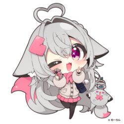  1girl ;3 ;d ahoge animal_ear_fluff animal_ears artist_name black_pantyhose black_shoes cardigan cellphone chibi chibi_only commentary_request copyright_notice double-parted_bangs fang floppy_ears fox_ears fox_girl fox_tail full_body grey_cardigan grey_hair hair_between_eyes hair_intakes heart heart_ahoge holding holding_phone long_hair long_sleeves looking_at_viewer miniskirt muuran one_eye_closed open_mouth original pantyhose phone pink_skirt pleated_skirt shoes simple_background skirt smartphone smile solo standing standing_on_one_leg tail v violet_eyes white_background 