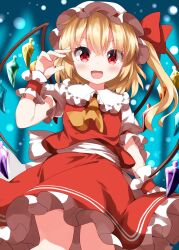  1girl ascot back_bow blonde_hair blue_background blush bow collared_shirt commentary crystal crystal_wings flandre_scarlet frilled_shirt_collar frilled_skirt frills hair_between_eyes hat hat_bow highres long_hair looking_at_viewer mob_cap multicolored_wings one_side_up open_mouth puffy_short_sleeves puffy_sleeves red_bow red_eyes red_skirt red_vest ruu_(tksymkw) shirt short_sleeves skirt skirt_set smile solo touhou vest white_bow white_hat white_shirt wings wrist_cuffs yellow_ascot 
