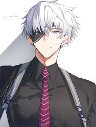  1boy black_shirt collared_shirt commentary_request grey_eyes grey_hair highres necktie print_eyepatch red_necktie reverseblue_x_re-birthend shirt short_hair solo striped_clothes striped_necktie three_(reverseblue) white_hair yoooi_yoiyoi 