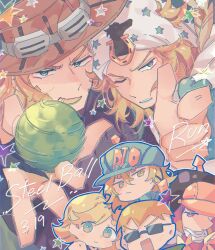  2girls 4boys aqua_eyes aqua_hat black_hat blonde_hair blue_lips brown_hat chibi chibi_inset commentary copyright_name diego_brando finger_gun goggles goggles_on_headwear grapeichi green_lips grin gyro_zeppeli hat highres hot_pants_(sbr) johnny_joestar jojo_no_kimyou_na_bouken long_hair looking_at_viewer lucy_steel male_focus medium_hair multiple_boys multiple_girls one_eye_closed pink_eyes pink_hair rectangular_mouth short_hair smile steel_ball_(jojo) steel_ball_run steven_steel twitter_username yellow_eyes 