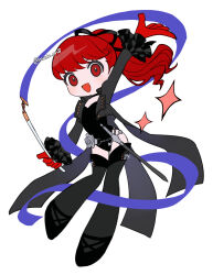  1girl arm_up black_jacket black_leotard black_ribbon black_shoes black_thighhighs blush chibi chibi_only commentary cropped_jacket full_body gloves hair_ribbon highres holding jacket leotard long_hair long_sleeves looking_at_viewer mudo_on8 open_mouth persona persona_5 persona_5_the_royal ponytail red_eyes red_gloves red_hair ribbon shoes simple_background solo sparkle thigh-highs twitter_username untranslatable_commentary weapon white_background yoshizawa_kasumi 