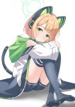  1girl absurdres animal_ear_headphones animal_ears black_thighhighs blonde_hair blue_archive blush cat_tail closed_mouth fake_animal_ears green_eyes green_halo halo headphones highres looking_at_viewer midori_(blue_archive) olecafe2 short_hair smile solo tail thigh-highs 