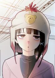  1girl :o animal_print bear_print black_outline black_sweater blush brown_eyes brown_hair brown_hat commentary hair_ornament hat highres hood hooded_jacket iwakura_lain jacket looking_to_the_side mu513989 nose_blush open_mouth outline portrait power_lines serial_experiments_lain short_hair single_sidelock solo sweater white_background x_hair_ornament 