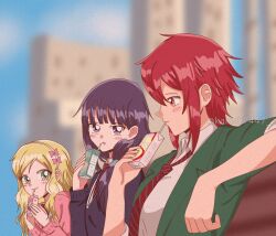  1990s_(style) 3girls aizawa_tomo blue_sky blunt_bangs blurry blurry_background blush bow carol_olston cityscape closed_mouth collared_shirt commentary diagonal-striped_clothes diagonal-striped_necktie drink_carton drinking english_commentary eyelashes film_grain from_side green_eyes green_jacket gundou_misuzu hair_between_eyes hair_bow hairband highres holding holding_juice_box jacket juice_box lips long_hair looking_at_viewer looking_down looking_to_the_side multiple_girls necktie nose open_mouth outdoors pink_bow pink_sweater profile purple_hair purple_sweater red_eyes red_hair red_necktie retro_artstyle retroshouko school_uniform shirt short_hair side_ponytail sidelocks sky sleeves_rolled_up smile striped_clothes sweater tomboy tomo-chan_wa_onna_no_ko twitter_username upper_body violet_eyes white_hairband white_shirt 