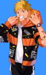  1boy absurdres asymmetrical_sleeves bandaid bandaid_on_arm bandaid_on_face black_pants blonde_hair blue_background blue_eyes character_name cheek_pull cowboy_shot facial_mark fangs highres jacket male_focus mirin_(coene65) naruto_(series) orange_jacket pants shirt short_hair simple_background solo teeth uzumaki_naruto watch watch whisker_markings white_shirt zipper 