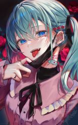  1girl :p absurdres aqua_hair black_mask black_ribbon blue_eyes ear_piercing facial_mark frilled_shirt frills hair_ornament hair_ribbon hashtag-only_commentary hatsune_miku heart heart_facial_mark heart_hair_ornament highres jirai_kei long_hair mask_pull miku_day neck_ribbon piercing pink_shirt ribbon samo_cha sharp_teeth shirt solo teeth tongue tongue_out twintails undershirt upper_body vampire_(vocaloid) vocaloid 