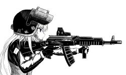  1girl absurdres aiming ak-74m ak74m_(girls'_frontline) assault_rifle eotech f4_u fingerless_gloves girls_frontline gloves greyscale gun hair_between_eyes helmet highres kalashnikov_rifle long_hair monochrome rifle solo violet_eyes weapon 