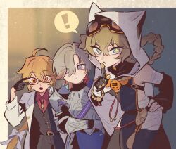  ! 1girl 2boys aether_(genshin_impact) ahoge arm_warmers armor bandages bare_shoulders beads black_gloves black_pants black_vest blonde_hair blue_eyes bow braid breastplate cape closed_mouth coat commentary_request cowboy_shot finger_to_mouth gauntlets genshin_impact glasses gloves goggles goggles_on_head grey_hair hair_between_eyes hair_bow hair_rings half_gloves hand_on_own_hip hand_up hood hood_up hooded_cape illuga_(genshin_impact) index_finger_raised jahoda_(genshin_impact) lab_coat leaning_forward long_hair looking_at_viewer mechanical_arms medium_hair multicolored_eyes multicolored_hair multiple_boys official_alternate_costume open_clothes open_coat orange_hair pants parted_bangs parted_lips prosthesis prosthetic_arm raised_eyebrows red_eyes red_hair red_shirt shirt shoulder_armor shushing single_arm_warmer single_mechanical_arm spoken_exclamation_mark standing star-shaped_pupils star_(symbol) symbol-shaped_pupils tabard two-tone_hair ukata v-shaped_eyebrows very_long_hair vest white_cape white_coat wing_collar 