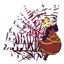  1girl blonde_hair bow brown_bow brown_dress brown_eyes commentary dress full_body hair_bow hair_bun kurodani_yamame long_sleeves open_mouth shishi_osamu short_hair smile solo teeth touhou upper_teeth_only 