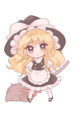  1girl apron black_hat black_shoes black_skirt black_vest blonde_hair bow braid broom chibi chibi_only closed_mouth commentary_request frilled_skirt frills hair_bow hat hat_bow kirisame_marisa long_hair looking_at_viewer nagomi_(nagomi_12) shoes side_braid simple_background single_braid skirt smile socks solo touhou vest waist_apron white_background white_bow white_socks witch_hat yellow_eyes 