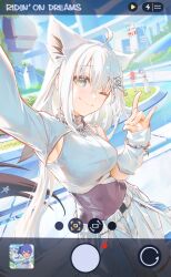  4girls absurdres ahoge animal_ears arm_up blue_eyes breasts closed_mouth commentary day english_commentary fake_phone_screenshot fake_screenshot fox_ears fox_girl fox_shadow_puppet fox_tail hair_ornament hakos_baelz highres hololive hololive_english hololive_super_expo_2026_outfit hoshimachi_suisei hyde_(tabakko) jewelry long_hair looking_at_viewer mouse_ears mouse_girl multiple_girls necklace one_eye_closed outdoors sakura_miko selfie shirakami_fubuki smile solo_focus symbol_in_eye tail taking_picture virtual_youtuber white_hair 