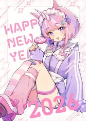  1girl 2026 :d animal_ears apron bandaid bandaid_on_knee bandaid_on_leg blush candy chinese_zodiac commentary_request dot_nose food full_body hair_ornament happy_new_year highres holding holding_candy holding_food holding_lollipop horse_ears jacket kneehighs knees_up lollipop long_sleeves looking_at_viewer maid_headdress multicolored_hair open_mouth original pink_eyes pink_hair pink_shoes pink_thighhighs purple_hair purple_jacket shirano_akihiro shoes short_hair single_kneehigh single_sock single_thighhigh sitting sleeves_past_wrists smile socks solo star_(symbol) star_hair_ornament striped_clothes striped_thighhighs swirl_lollipop thigh-highs track_jacket unicorn_girl unicorn_horn white_apron year_of_the_horse 