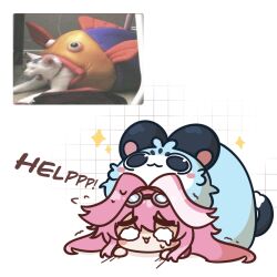  1girl absurdres animal_ears blush cat chattino_(raora_panthera) chibi chibi_only commentary english_commentary goggles goggles_on_head help_(phrase) highres hiroavrs hololive hololive_english long_hair lying multicolored_hair on_stomach open_mouth panther_ears panther_girl pink_hair raora_panthera reference_inset smile solo sparkle streaked_hair stuffed_animal stuffed_fish stuffed_toy two-tone_hair virtual_youtuber wavy_eyes white_background white_cat white_hair 