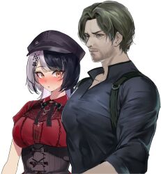  1boy 1girl absurdres black_hair black_shirt blush breasts brown_eyes brown_hair corset facial_hair grey_eyes grey_hair hat highres hololive hololive_english large_breasts large_pectorals leon_s._kennedy long_hair looking_at_pectorals multicolored_hair newsboy_cap pectorals resident_evil resident_evil_requiem shiori_novella shiori_novella_(casual) shirt split-color_hair stubble sweat virtual_youtuber white_background yotamono 