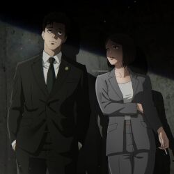  1boy 1girl absurdres better_call_saul black_hair black_necktie black_suit breaking_bad cigarette dress_pants highres higuruma_hiromi holding holding_cigarette iamosix2 jacket jujutsu_kaisen lawyer necktie smoking suit suit_jacket 
