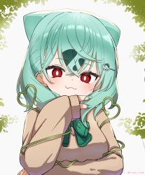  1girl :3 absurdres arm_under_breasts artist_name blush bow bowtie breasts bright_pupils brown_sweater bulbasaur character_hair_ornament closed_mouth commentary cone_hair_bun crossed_bangs earclip eyelashes fang green_bow green_bowtie green_hair green_nails gyaru_bulbasaur_(shin_no_tenpii) hair_between_eyes hair_bun hair_ornament hairclip hand_up heart heart_tail highres large_breasts leaf long_sleeves looking_at_viewer medium_hair nail_polish outdoors personification pokemon red_eyes school_uniform skin_fang sleeves_past_wrists smile smug solo sweater tail tree twitter_username upper_body v vine_whip white_background white_pupils yume_tiem 