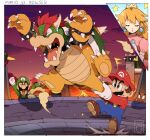  1girl 4boys :d ^_^ arm_up armlet bendedede blonde_hair blue_eyes blue_overalls blue_pants blush border bowser bowser_jr. bracelet brothers brown_footwear brown_hair castle character_name cheering claws closed_eyes closed_mouth clouds commentary crown dress earrings elbow_gloves english_commentary facial_hair fangs father_and_son frown gloves goomba gradient_sky green_headwear green_shirt hat highres horns jewelry lips long_hair long_sleeves luigi mario mini_crown molten_rock motion_lines multiple_boys mustache open_mouth overalls own_hands_together pants pink_dress princess_peach purple_sky red_headwear red_shirt redhead sharp_teeth shirt shoes short_hair siblings sky smile sphere_earrings spiked_armlet spiked_bracelet spiked_shell spikes super_mario_bros. sweatdrop teeth throwing topknot v-shaped_eyebrows white_border white_gloves 