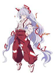  1girl absurdres baba_(baba_seimaijo) bow breasts closed_eyes collared_shirt commentary_request fire fujiwara_no_mokou full_body grey_hair grey_shirt hair_bow hands_on_own_hips highres long_hair long_sleeves multiple_hair_bows ofuda ofuda_on_clothes pants red_pants shirt shoes simple_background small_breasts solo suspenders touhou very_long_hair white_background white_shoes 