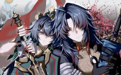  1boy 1girl absurdres arms_up bandages_over_clothes black_gloves black_hair blade_(honkai:_star_rail) blue_hair chinese_clothes chinese_commentary choker closed_mouth expressionless fingerless_gloves gloves gradient_hair grey_background hair_between_eyes hair_ornament hair_over_one_eye hairclip headpiece heads_together highres holding holding_sword holding_weapon honkai:_star_rail honkai_(series) leaning_on_person leaning_to_the_side light_frown long_hair long_sleeves looking_at_viewer multicolored_hair orange_eyes red_eyes scarf shade suit sword tnndgwg upper_body weapon yunli_(honkai:_star_rail) 