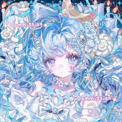  1girl bare_shoulders beads blue_background blue_bow blue_eyes blue_hair blue_theme blush bow candle closed_mouth crescent crown cup dress drinking_glass eyelashes flower frills gem gloves hair_ornament hairclip highres holding holding_cup horns jewelry long_hair looking_at_viewer mini_crown necklace original ribbon sample_watermark sheep_horns shell shell_hair_ornament sleeveless solo sparkle star_(symbol) star_hair_ornament upper_body watermark weibo_username white_bow white_dress white_flower white_gloves white_sleeves x_hair_ornament xiaochunli 