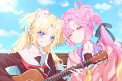  2girls absurdres acoustic_guitar ahoge anyoji_hime bench blonde_hair blue_eyes blue_hair blue_sky closed_mouth clouds commentary_request curtained_hair day flower gradient_hair guitar hair_flower hair_ornament highres instrument kentotto link!_like!_love_live! love_live! mira-cra_park! multi-tied_hair multicolored_hair multiple_girls music on_bench osawa_rurino outdoors parted_bangs pink_flower pink_hair playing_guitar playing_instrument ponytail sitting sky smile twintails upper_body virtual_youtuber wooden_bench 