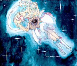  1girl blonde_hair blush braid closed_eyes commentary_request cosmoem crying dress eyelashes floating_hair full_body hat holding holding_pokemon kneehighs lillie_(pokemon) long_hair merchandise_available merrinou mixed-language_commentary painting_(medium) pokemon pokemon_(creature) pokemon_sm shoes socks space star_(sky) streaming_tears tears traditional_media tumblr_username twin_braids watercolor_(medium) web_address white_dress white_hat white_shoes white_socks wide_brim 