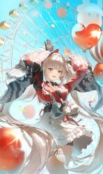  1girl absurdres balloon black_gloves blue_sky breasts capelet commentary diamond_(shape) diamond_facial_mark dress facial_mark ferris_wheel gloves heart heart_facial_mark highres honkai:_star_rail honkai_(series) lael_(eve_lael13) long_hair looking_at_viewer outdoors red_capelet single_glove sky small_breasts solo sparkle_(honkai:_star_rail) sparxie_(honkai:_star_rail) thighs twintails untranslatable_commentary very_long_hair violet_eyes white_dress white_hair 