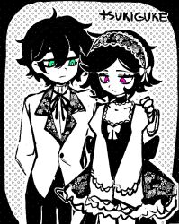  1boy 1girl :| ahoge alternate_costume andrew_graves arm_behind_back artist_name ashley_graves back_bow black_border border bow bow_hairband bowtie breasts bright_pupils brother_and_sister choker closed_mouth collared_shirt commentary cowboy_shot double-parted_bangs dress english_commentary expressionless flipped_hair frilled_hairband frills frown green_eyes hair_between_eyes hair_flaps hairband hand_on_another's_shoulder high_contrast highres jacket jitome juliet_sleeves lace-trimmed_choker lace-trimmed_dress lace_trim lapels long_sleeves looking_at_another looking_down neck_ribbon outline outside_border pants petticoat pink_eyes polka_dot polka_dot_background puffy_sleeves ribbon ribbon_choker shirt short_dress short_hair siblings simple_background sleeveless sleeveless_dress small_breasts spot_color standing sweater swept_bangs the_coffin_of_andy_and_leyley thick_eyebrows tsukiguke turtleneck turtleneck_sweater v_arms white_background wide_sleeves 