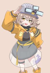  1girl :d absurdres ankle_boots arknights arm_up armband belt black_armband blush boots brown_background brown_hair cement_(arknights) commentary_request eggplant7217 feet_out_of_frame hand_on_own_hip hard_hat helmet highres infection_monitor_(arknights) jacket looking_at_viewer medium_hair multicolored_armband open_mouth simple_background smile solo striped_armband striped_clothes teeth thigh_strap two-tone_armband upper_teeth_only yellow_armband yellow_belt yellow_boots yellow_eyes yellow_jacket 