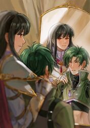  1boy 1girl armor astrid_(fire_emblem) black_hair brown_eyes cape commission commissioner_upload fire_emblem fire_emblem:_radiant_dawn from_behind green_hair green_vest highres holding holding_jewelry holding_necklace jewelry long_hair looking_at_mirror mirror necklace non-web_source pauldrons pink_cape reflection short_hair shoulder_armor sothe_(dawning_zephyr)_(fire_emblem) sothe_(fire_emblem) tamafry upper_body vest vgen_commission yellow_eyes 