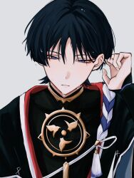  1boy 316_yogurt armor black_bodysuit black_hair black_kimono black_sleeves blue_rope blunt_ends bodysuit closed_mouth curled_fingers expressionless eyeliner fingernails genshin_impact gold gold_trim hair_behind_ear hand_up highres japanese_armor japanese_clothes jewelry juban kimono kote kurokote looking_at_viewer makeup male_focus mandarin_collar mitsudomoe_(shape) neck_ring open_clothes open_kimono portrait red_eyeliner red_kimono rope scaramouche_(genshin_impact) shimenawa solo tassel tomoe_(symbol) tsurime violet_eyes wet white_background white_kimono white_rope white_trim wispy_bangs 