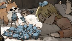  >_< 2girls @_@ barefoot bird blonde_hair cat chicken closed_eyes commentary diva_(hyxpk) duck english_commentary hedgehog highres little_nuns_(diva) mouse_(animal) multiple_girls pajamas red_pajamas red_star sleeping spicy_nun_(diva) star_(symbol) under_covers yellow_star 