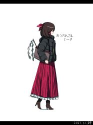  1girl alternate_costume bag black_jacket boots bow brown_boots brown_hair closed_eyes dated full_body gohei green_sweater hair_bow hakurei_reimu high_heel_boots high_heels highres jacket letterboxed long_hair long_sleeves red_bow red_skirt shishi_osamu shoulder_bag simple_background skirt solo sweater touhou translation_request walking white_background 